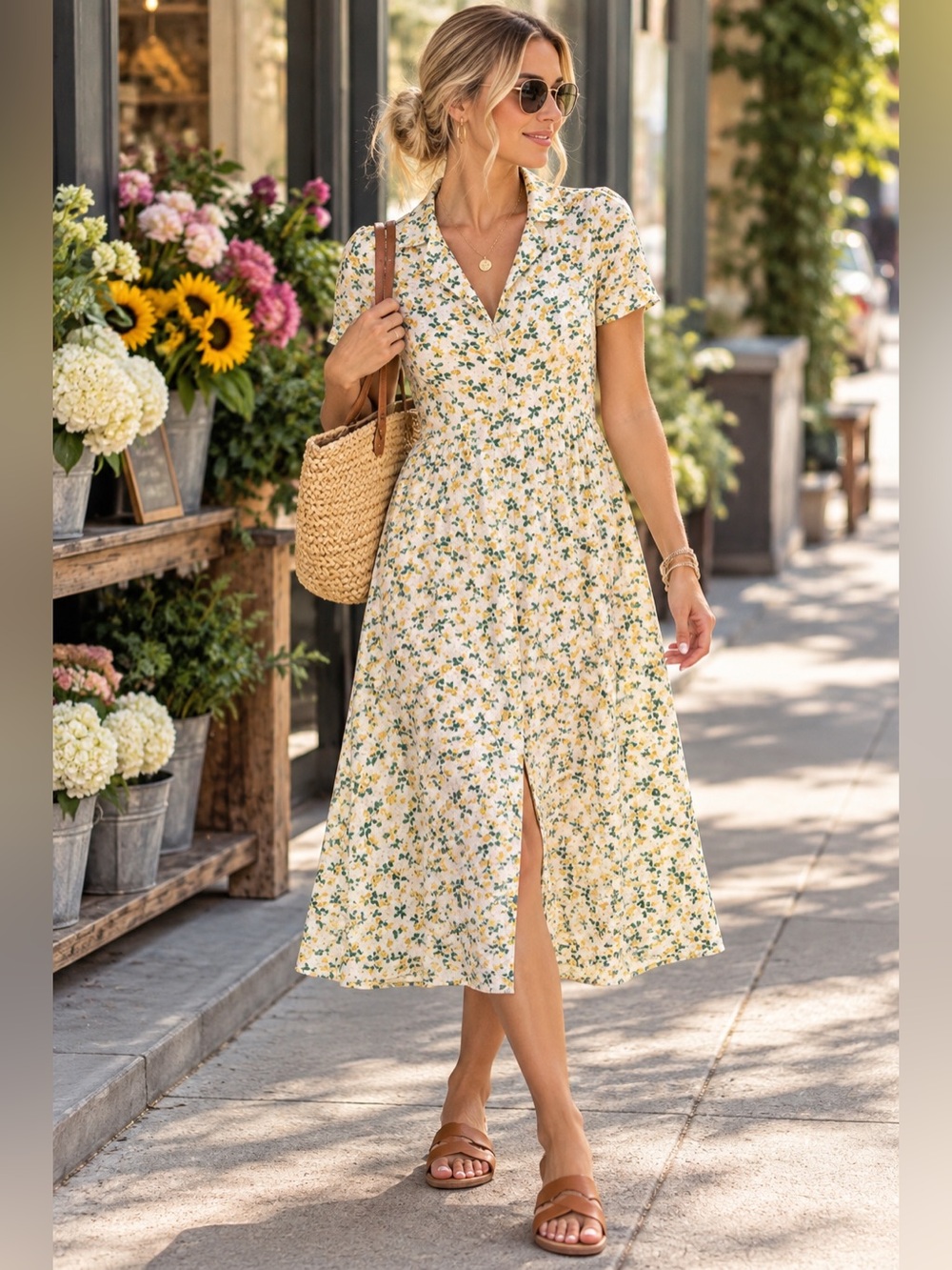 Urban Outfitters Floral Button Front Dress Yellow Green Print Size S EUC